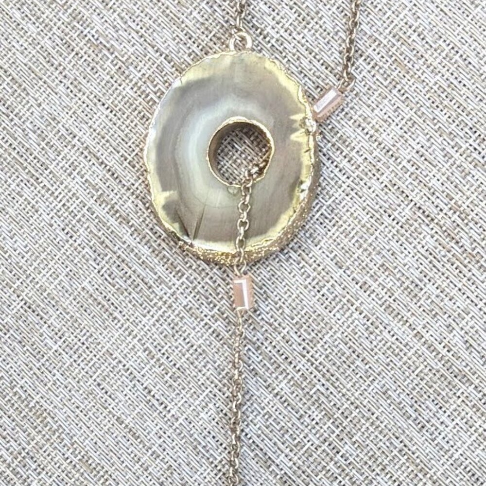 Vintage  Cut Agate Geode Stone Gold Leaf Tassel Hand Made Beaded Necklace